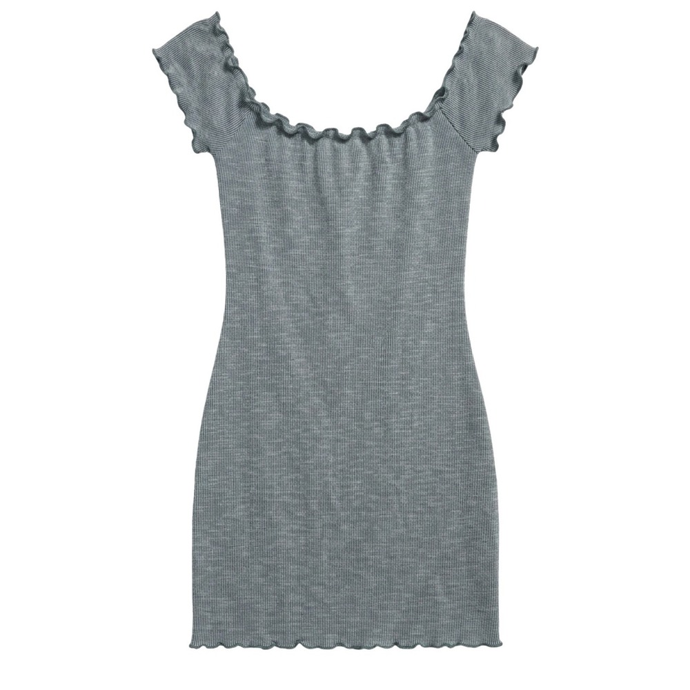 Lucy Love Ribbed Lettuce Edge Off The Shoulder Mini Dress Greenish Grey XS